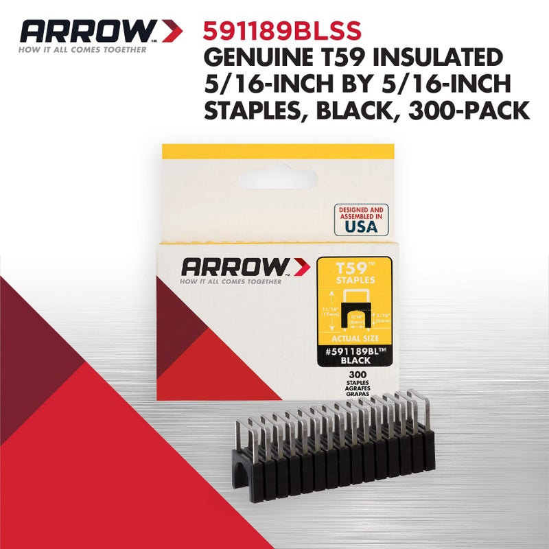 Arrow Fastener أرو 591189BLSS دبابيس معزولة من الفولاذ المقاوم للصدأ T59 بطول ساق 5/16 بوصة وعرض تاج 5/16 بوصة لكابلات الأسلاك، أسود، 300 قطعة - Image 2